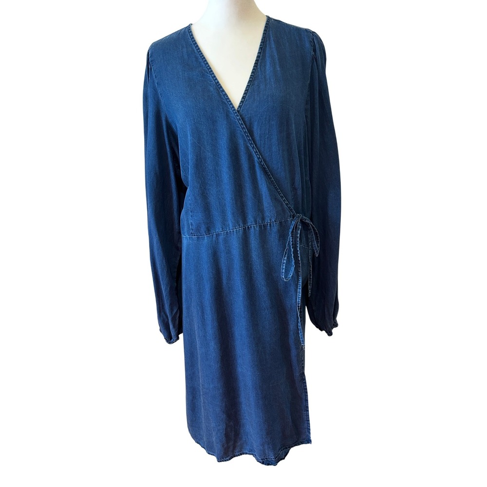 Old Navy Wrap Dress Size XXL Tall Blue Chambray Lyocell Long Sleeve Coastal
